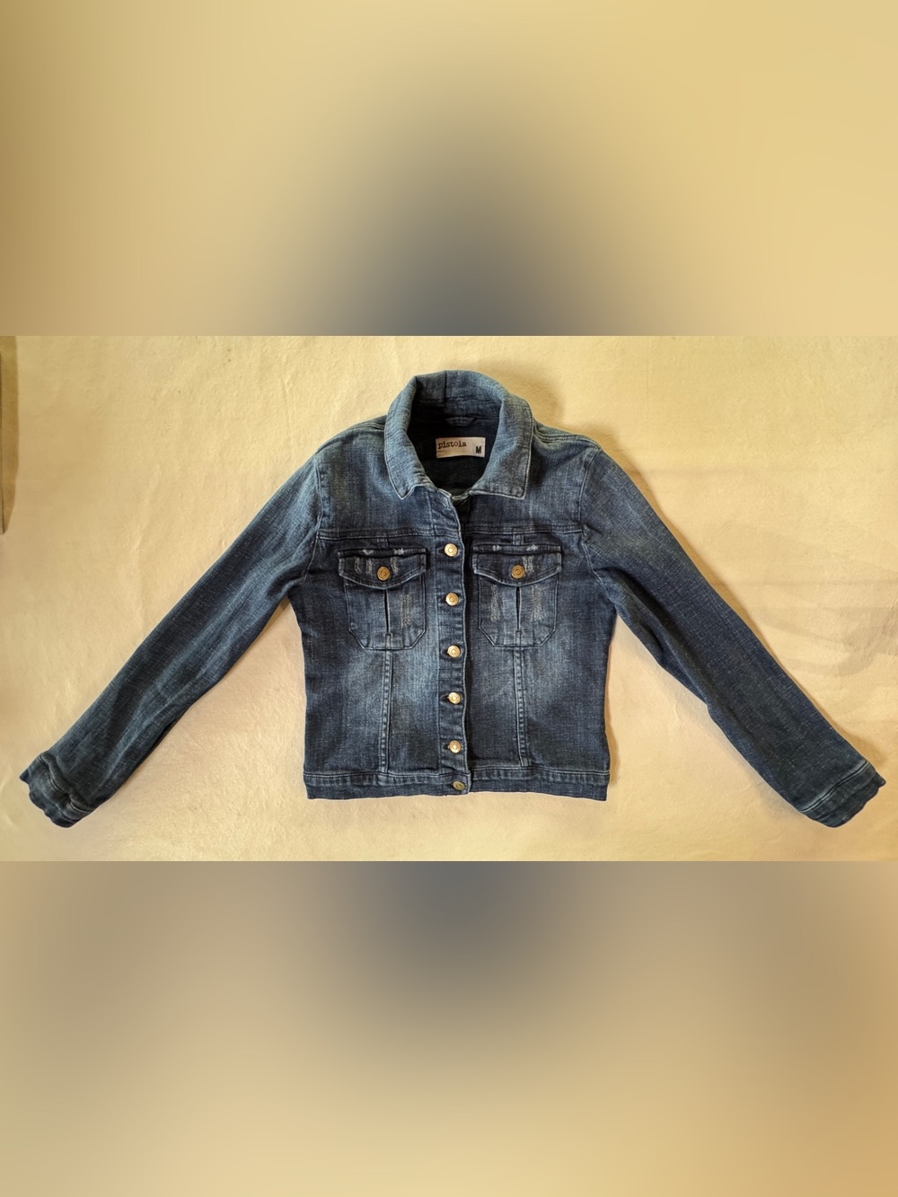 Pistola Blue Distressed Denim Button-Up Trucker Cropped Jean Jacket P5045N1 (M) - Picture 8 of 17
